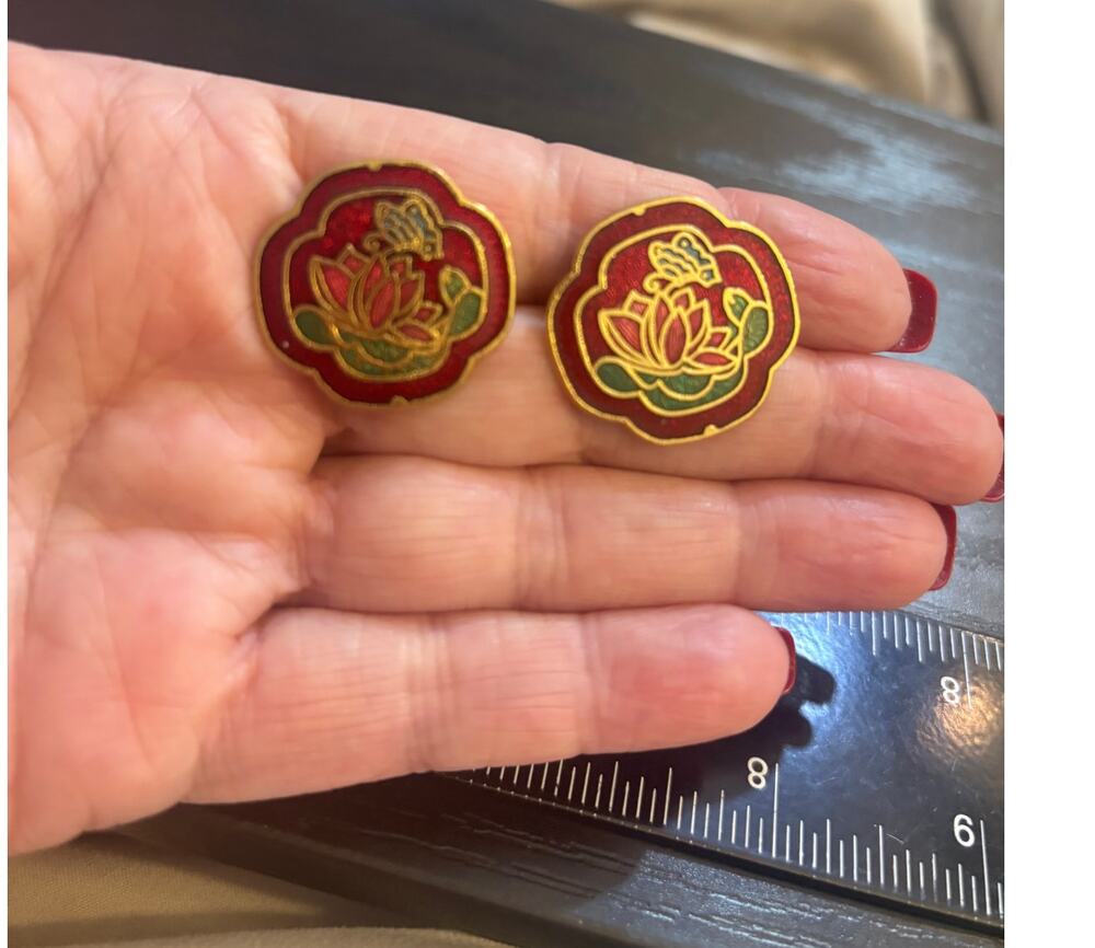 Vintage Cloisonné Lotus Flower Pierced Earrings